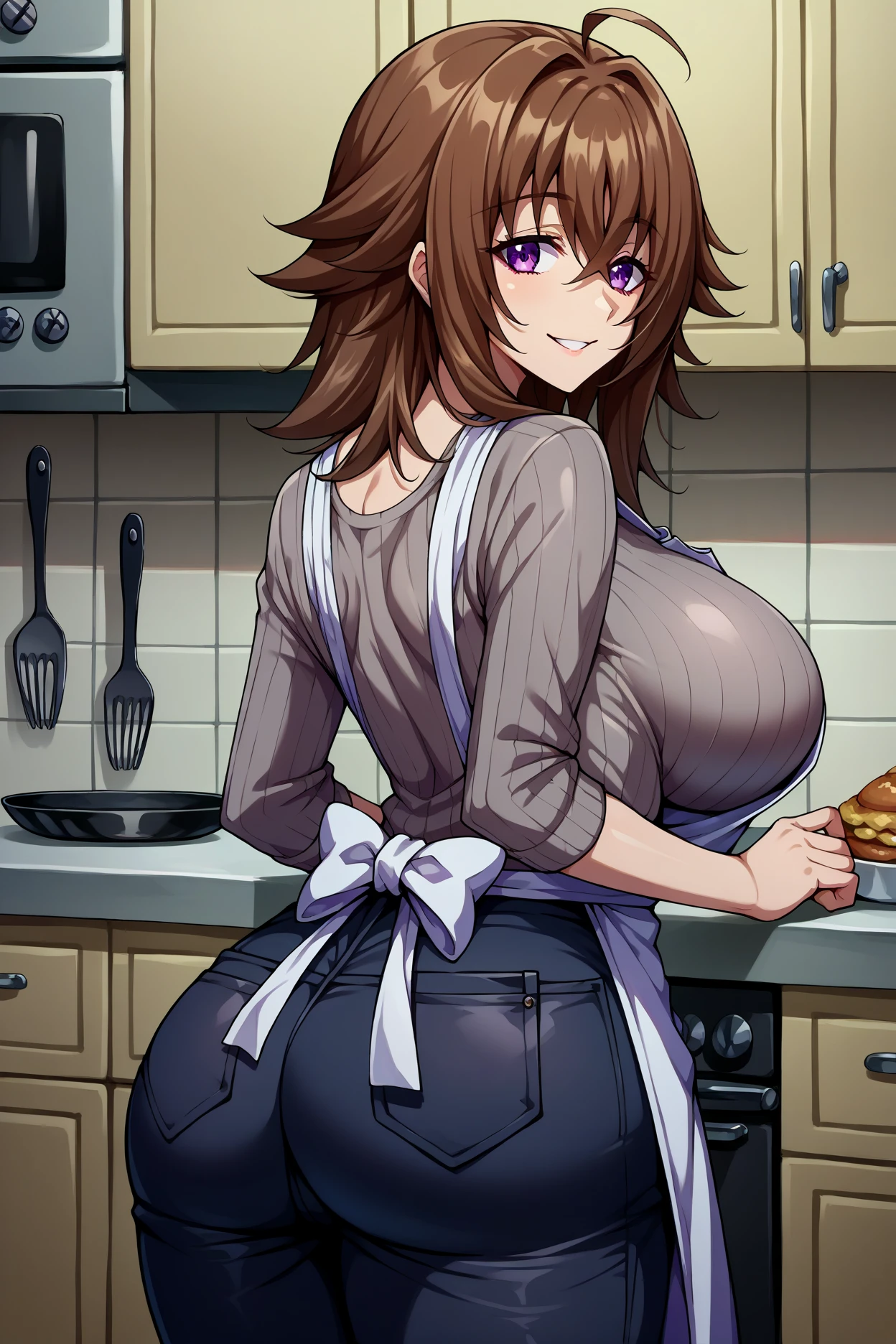 score_9, score_8_up, score_7_up, score_6_up, source_anime, 1girl, solo,  <lora:venelana-pdxl-nvwls-v1-000005:1> hsdxdve, brown hair, medium hair, hair between eyes, ahoge, purple eyes, large breasts, grey sweater, apron, kitchen, wide hips, from behind, looking at you, smile, looking back, black pants