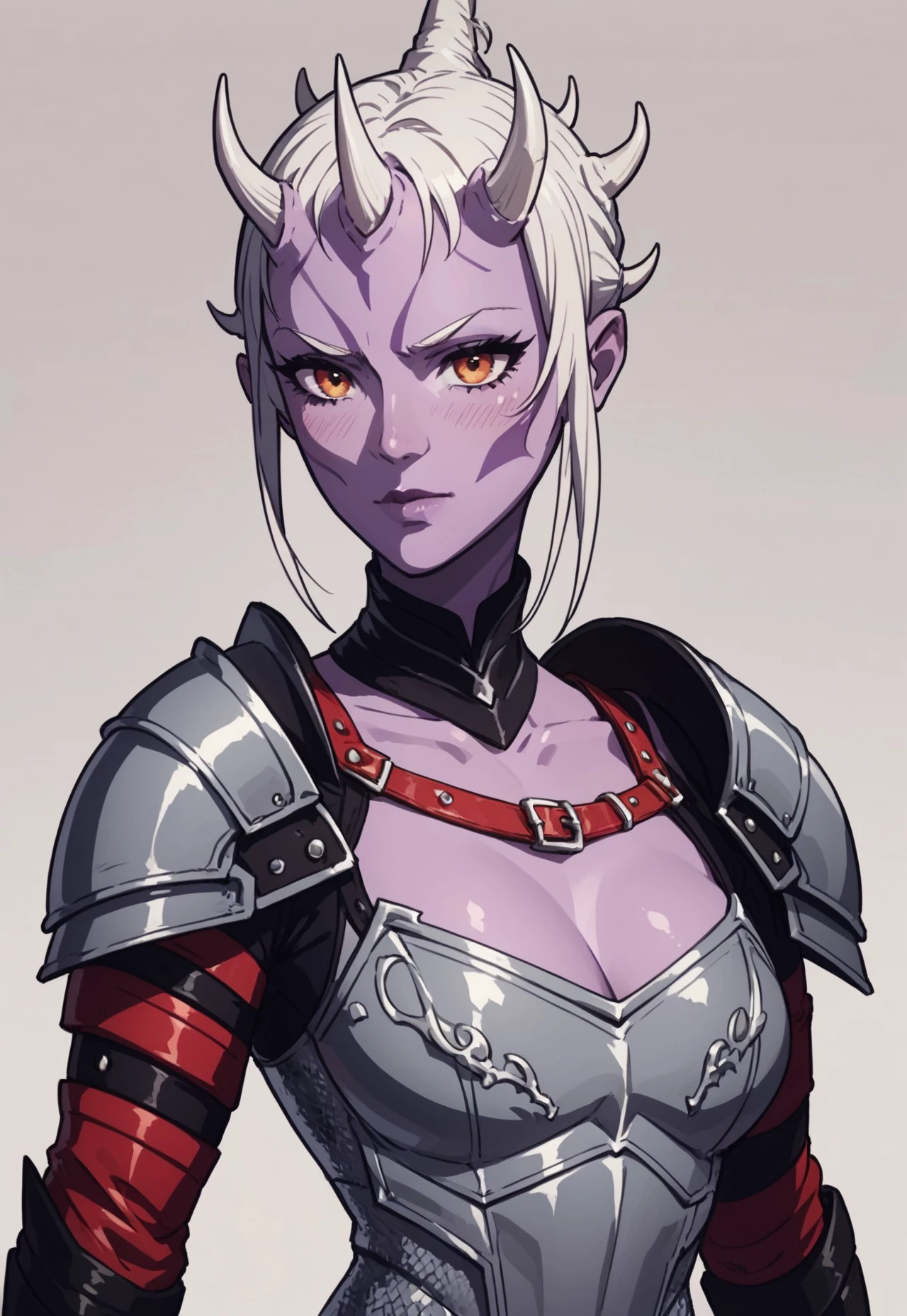 (score_9, score_8_up), score_7_up, source_anime, female Dathomirian Zabrak alien, purple skin, many small white horns, chainmail armor