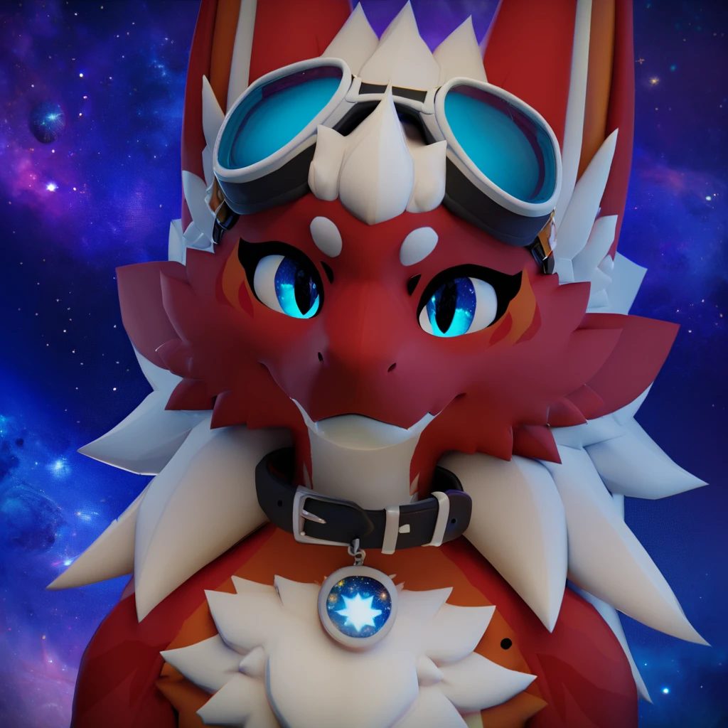 best quality,novabeast, furred dragon, goggles on head,  blue eyes, red body, white chest tuft, space background with stars, nebula,collar,white mane, looking at viewer,  3d, smile, happy
 <lora:novabeast xl v1 rank64 pony:1>, score_9,score_8, score_7