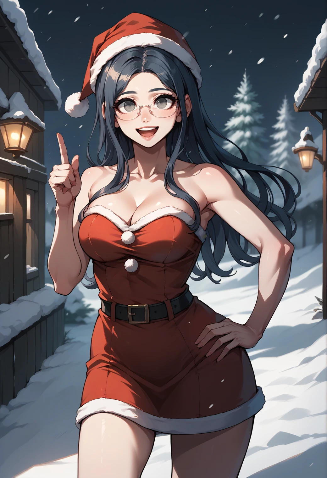 score_9, score_8_up, score_7_up, 1girl, cowboy shot, looking at viewer, open mouth, smile, index finger raised, hand on own hip, <lora:TsumugiDR-pdxl:1> defTsu, long hair, grey eyes, glasses, large breasts, cleavage, santa costume, short dress, strapless, bare shoulders, bare arms, santa hat, outdoors, snow, night