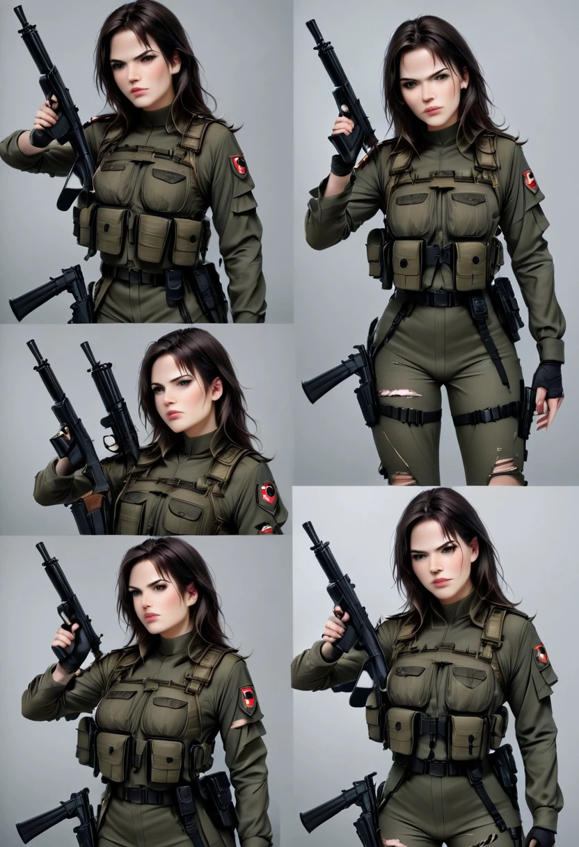 super realistic image with ultra high quality and correct anatomy of the perfect (very sexy warrior) in various dynamic poses, photorealism, with sharpness in focus, clean and anatomically correct face and limbs, torn clothes, combat poses, automatic weapons, pistol, grenade launcher, different viewing angles,