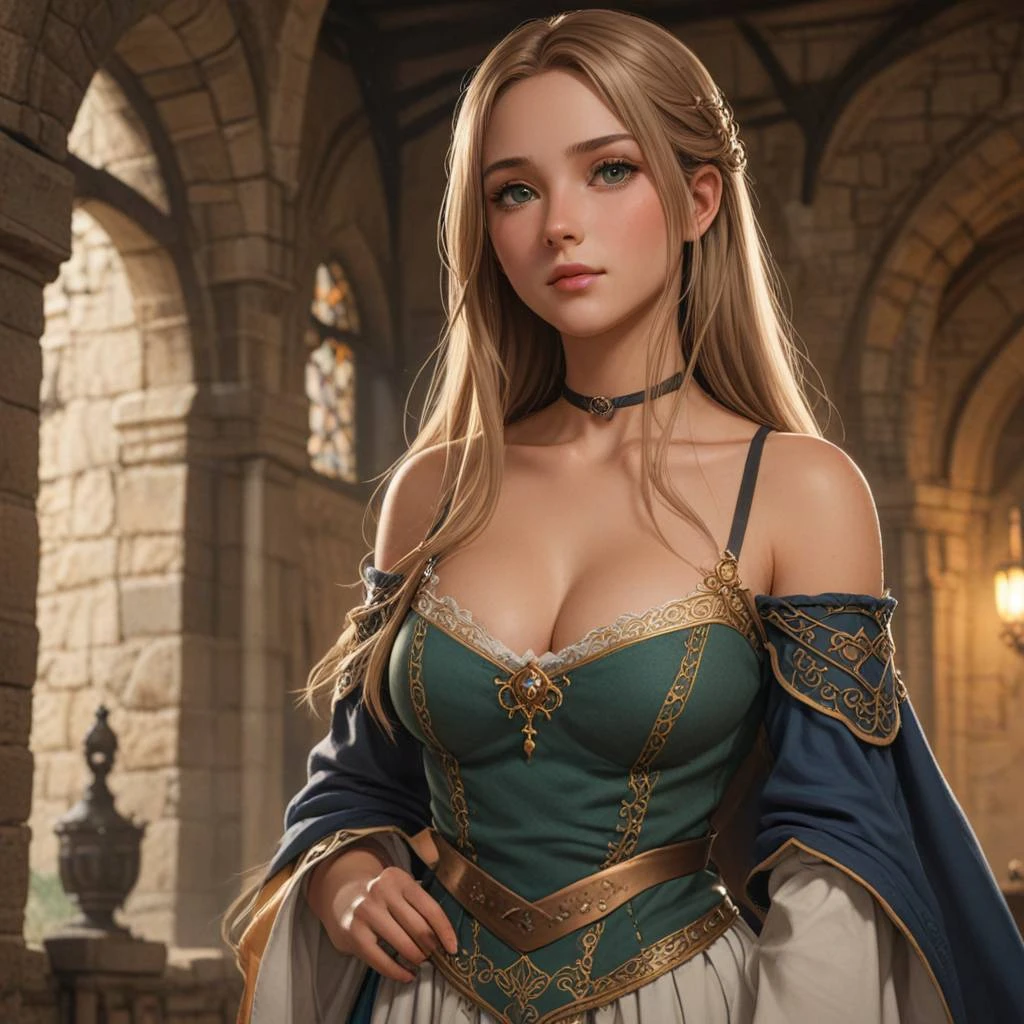 medieval style, girl, anime, beautiful, largue breasts, blonde hair, full body, long hair, sfw, castle, dress, perfect fingers, perfect girl