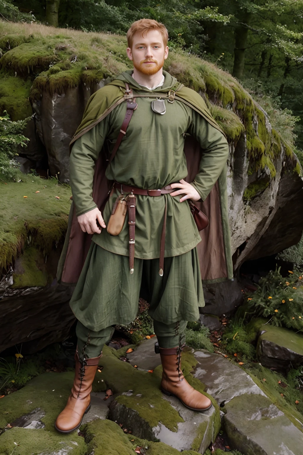 hill in Northern England, standing on a rocky outcrop, ginger hair, RickMcCoy, norsemenclothes, green tunic, green cloak, satchel, belt, leather vambraces, pants, boots, (((full body portrait))), wide angle,  <lora:RickMcCoy:0.8>   <lora:NorseMenClothes:0.8>