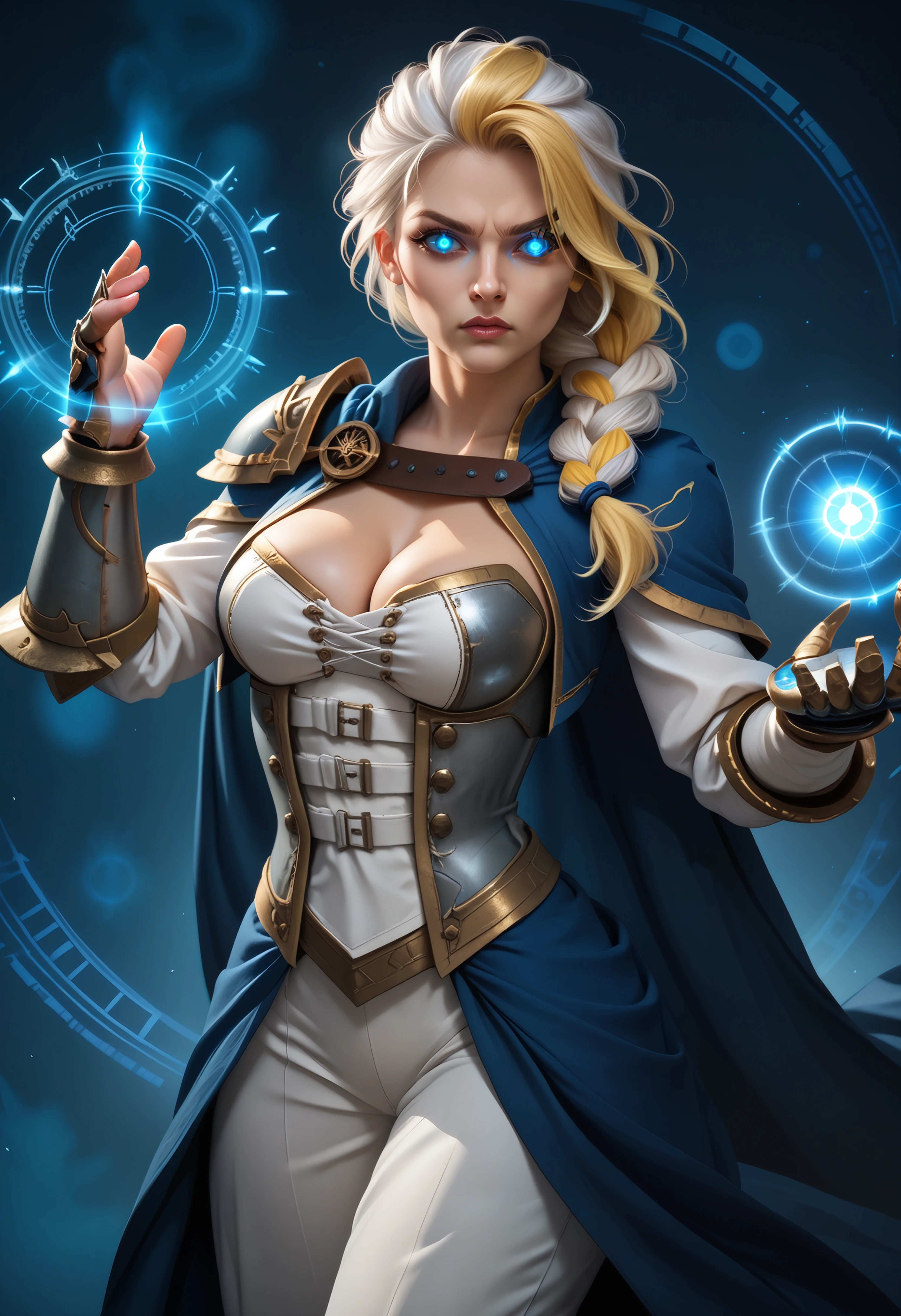 score_9, score_8_up, score_7_up BREAK jainapost, multicolored hair, white hair, yellow hair, single braid, chest strap, cleavage, armor, corset, blue cape, gauntlets, long sleeves,abstract background,swirls,casting spell,dynamic pose,serious,magic,glowing eyes, mature female,flying hair <lora:jainaproudmoore-wc-richy-v1_pdxl:0.8>