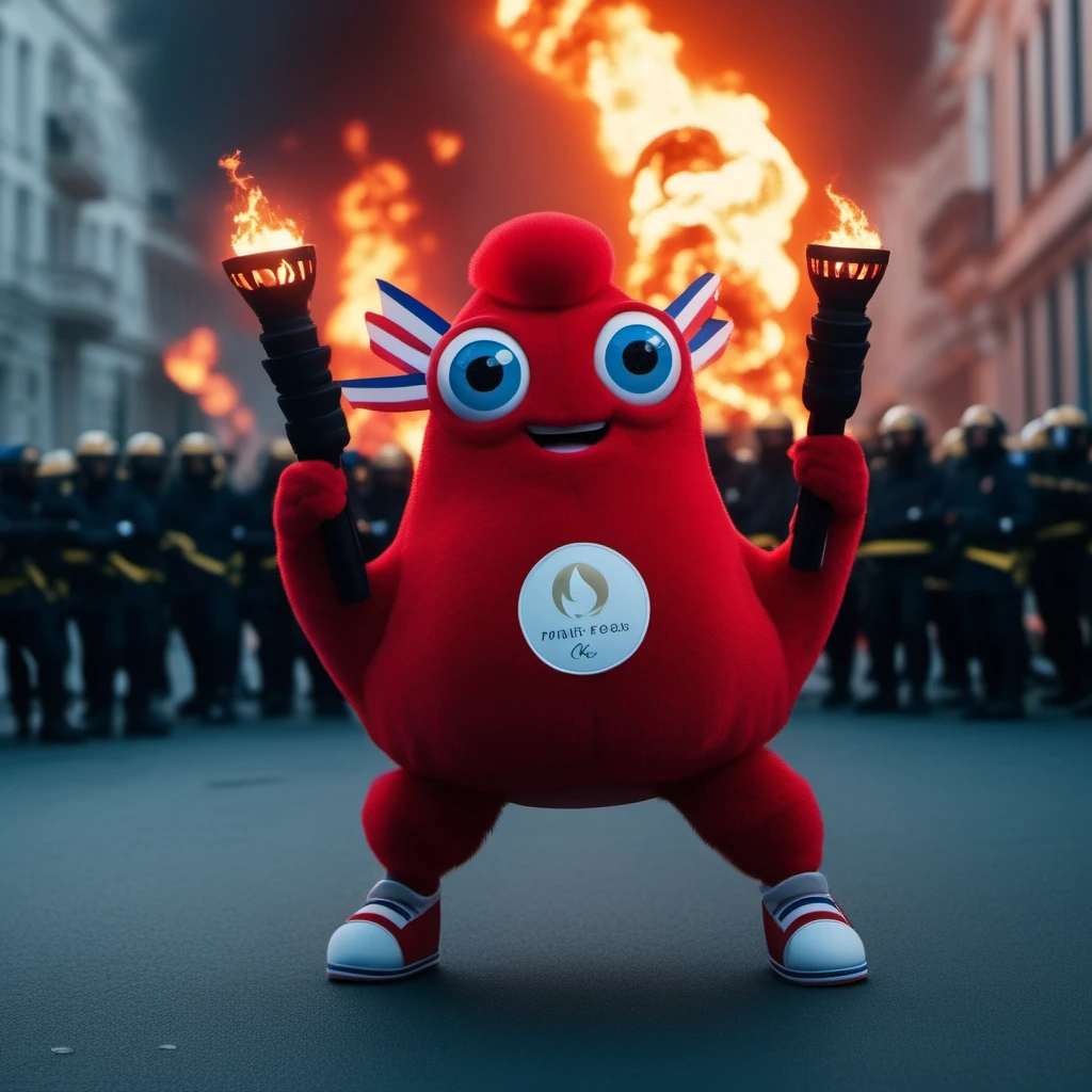 cinematic photo a non human red creature, blue eye, scared,  full body, shoes, city on fire background, riots, holding a torch <lora:Phryges1024:0.8> . 35mm photograph, film, bokeh, professional, 4k, highly detailed