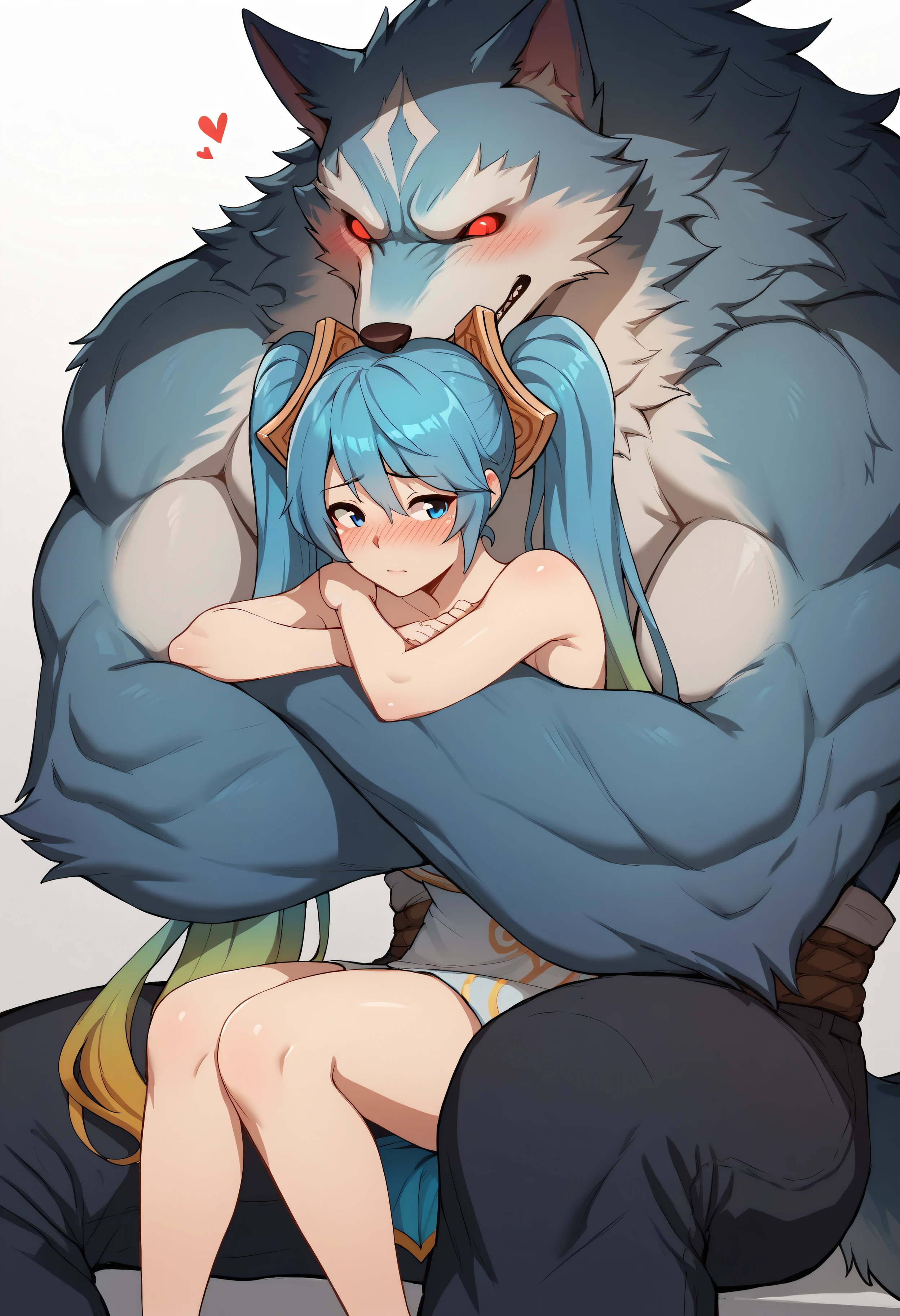 score_9, score_8_up, score_7_up, score_6_up, score_5_up, score_4_up, BREAK sollyz, by sollyz, sona \(league of legends\), 1girl, 1boy, sitting, hugging from behind, wolf, furry with non-furry, human, size difference, blush, relaxed, muscular furry, <lora:SollyzStyle:0.8>