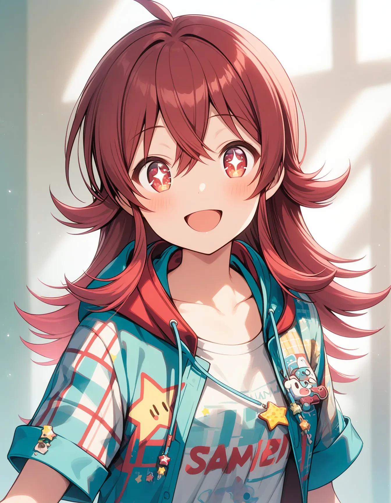 k_komiya, 1girl, long hair, smile, looking at viewer, ahoge, upper body, red eyes, red hair, bangs, hair between eyes, (sparkling eyes:0.9), star \(symbol\), shirt, collarbone, open clothes, short sleeves, blush, jacket, print shirt, white shirt, open mouth, drawstring, hood, plaid, open jacket, clothes writing, solo
masterpiece, best quality, very aesthetic, absurdres
<lora:k_komiyaXL_animagine:1>