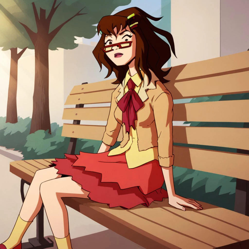 score_9, score_8_up, score_7, BREAK,  marcie_f, brown hair, hairclip, glasses, skirt, hairclip, sitting, park bench, outdoors, sunlight, shadows, natural lighting,