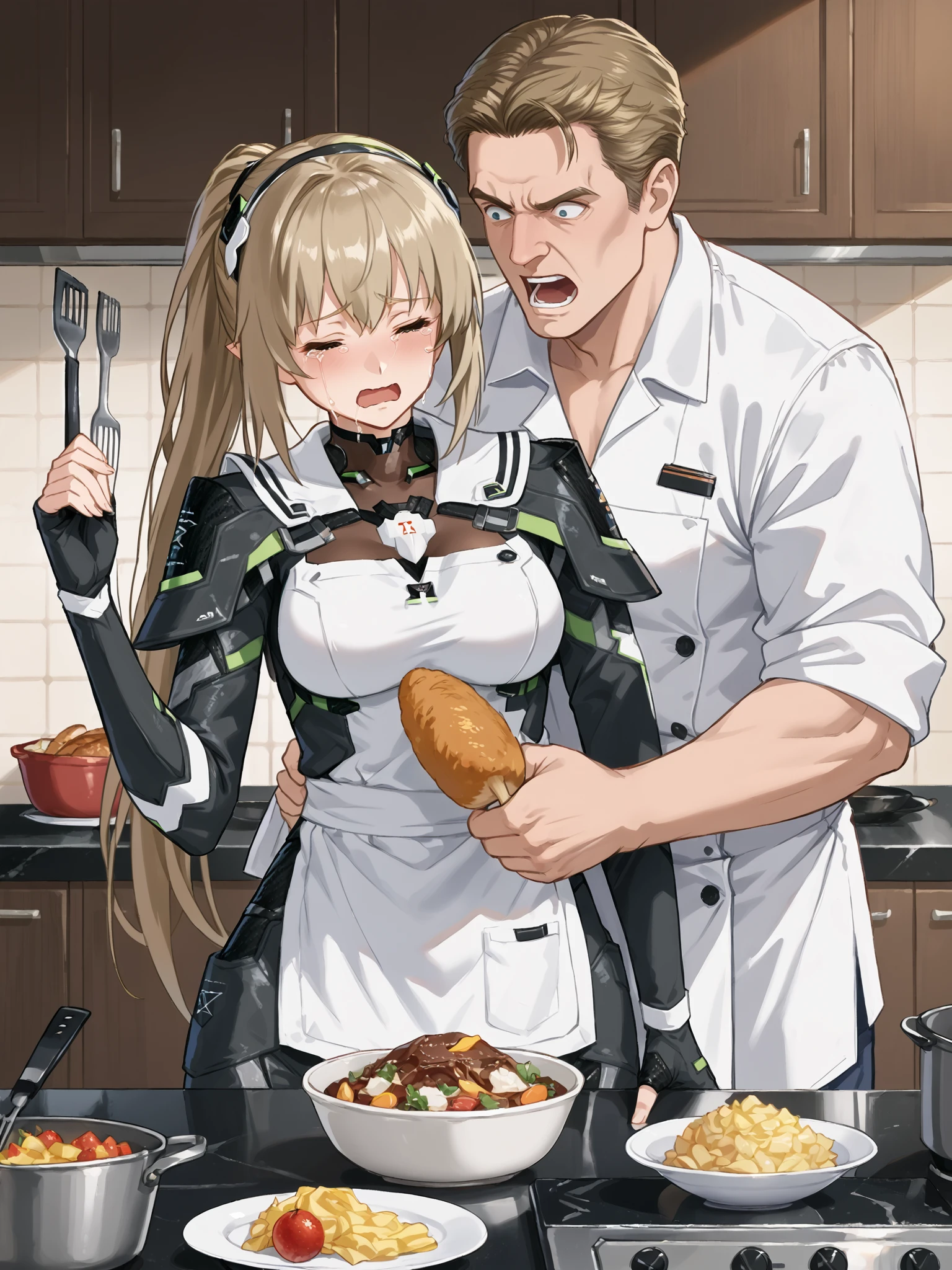 score_9, score_8_up, score_7_up, source_anime, (detailed eyes, eye shine:1.5), (science fiction, futuristic:1.5), (size difference, height difference, kitchen, preparing food, cooking, utensils:1.3), 2people, (upper body, closeup:1.5), fingerless gloves, FCSEP
1girl, <lora:PSO2NGS_Manon_Pony_v1:0.8>, (ngsmanon:1.5), aqua eyes, chef hat, (ponytail:1.5), light brown hair, bangs, long hair, bodysuit, armor, (body stocking:1.1), capelet, sailor collar, (white apron:1.8), (pointy ears:1.1), (thin waist, wide hips:1.5), (long legs:1.5), (wavy mouth, open mouth, trembling:1.5), (holding plate of roast chicken:1.5), (cooking, crying, eyes closed, running away, hands up:1.6), FCSEP
1boy, (tall man, gordon ramsay, white clothing, chef uniform, chef outfit, yelling, screaming, angry, furious, big nose, round nose, fat nose, menacing, threatening, wrinkles, constricted pupils, leaning forward:1.8), (light blonde hair:1.5), (forehead, spiky bangs, spiky hair:1.5), spitting saliva, (rolled-up sleeves, shaking fist, looking down:1.5)