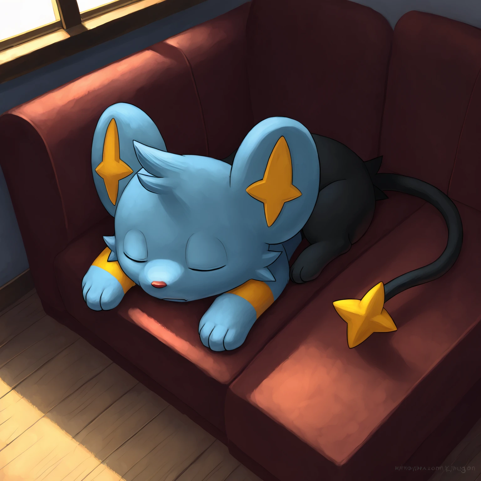 shinx, solo, male, feral, high-angle view, small, sleeping, on front, lying, eyes closed, inside, sofa, detailed background, curled up, detailed lighting, digital painting \(artwork\), window, lighting, <lora:shinx-v1:1>