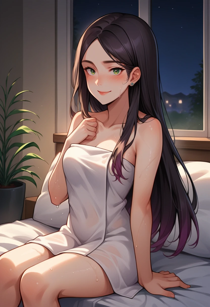 score_9, score_8_up, source_anime, 1girl, solo, Claudia, black hair, gradient hair, long hair, green eyes, earrings, after bathing, bare shoulders, naked towel, on bed, sitting, towel, wet hair, smile, blush, bedroom, night, window, <lora:ChamClaudiaPonyXL:1>