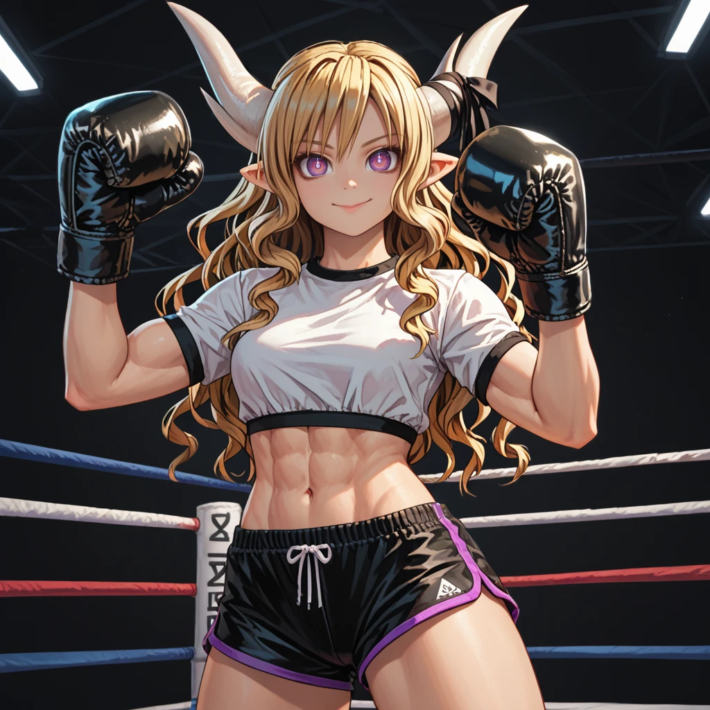 1girl,solo,<lora:nightmare:1>,nightmare \(mazohaha\),demon girl,demon horns,pointy ears,blonde hair,long hair,drill hair,twin drills,purple eyes,ringed eyes,triangle mouth,horn ribbon,gym shirt,gym shorts,boxing gloves,fighting stance,hands up,toned female,veins,
indoors,gym,boxing ring,
looking at viewer,closed mouth,cowboy shot,:>,, score_9, score_8_up, score_7_up, perfect anatomy, source_anime, zPDXL2,