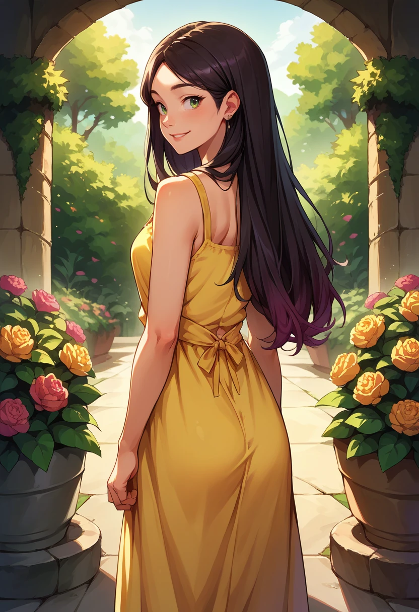 score_9, score_8_up, source_anime, 1girl, solo, Claudia, black hair, gradient hair, long hair, green eyes, earrings, from behind, yellow sundress, garden, day, sunshine, smile, looking back, <lora:ChamClaudiaPonyXL:1>