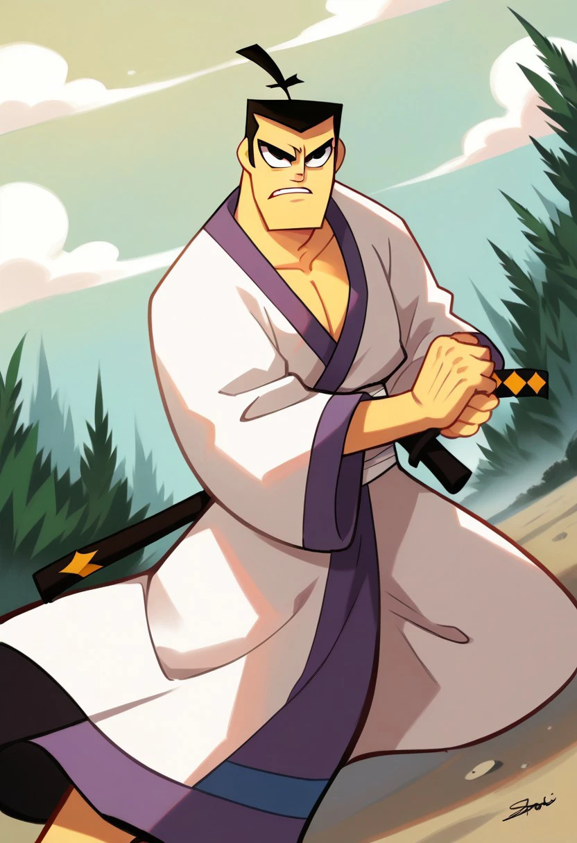 score_9, score_8_up, score_7_up, score_6_up, perfect anatomy, perfect proportions, best quality, masterpiece, high_resolution, high quality, aesthetic, absurdres, (male focus), solo male, source_cartoon \(Samurai Jack\), cartoon coloring \(Samurai Jack\), Samurai Jack\(Cartoon Network\), Berjack, black hair, short hair, samurai topknot, single topknot, black eyes, japanese clothing, white kimono with grey accents, wide sleeves, white Nagajuban \(japanese clothing\), Nagajuban \(japanese clothing\), geta\(footwear\), adult, mature, masculine, manly, handsome, charming, alluring, battoujutsu, fighting stance, upper body, dutch angle, cowboy shot, 2d, flat, fine art parody, science fiction, future city