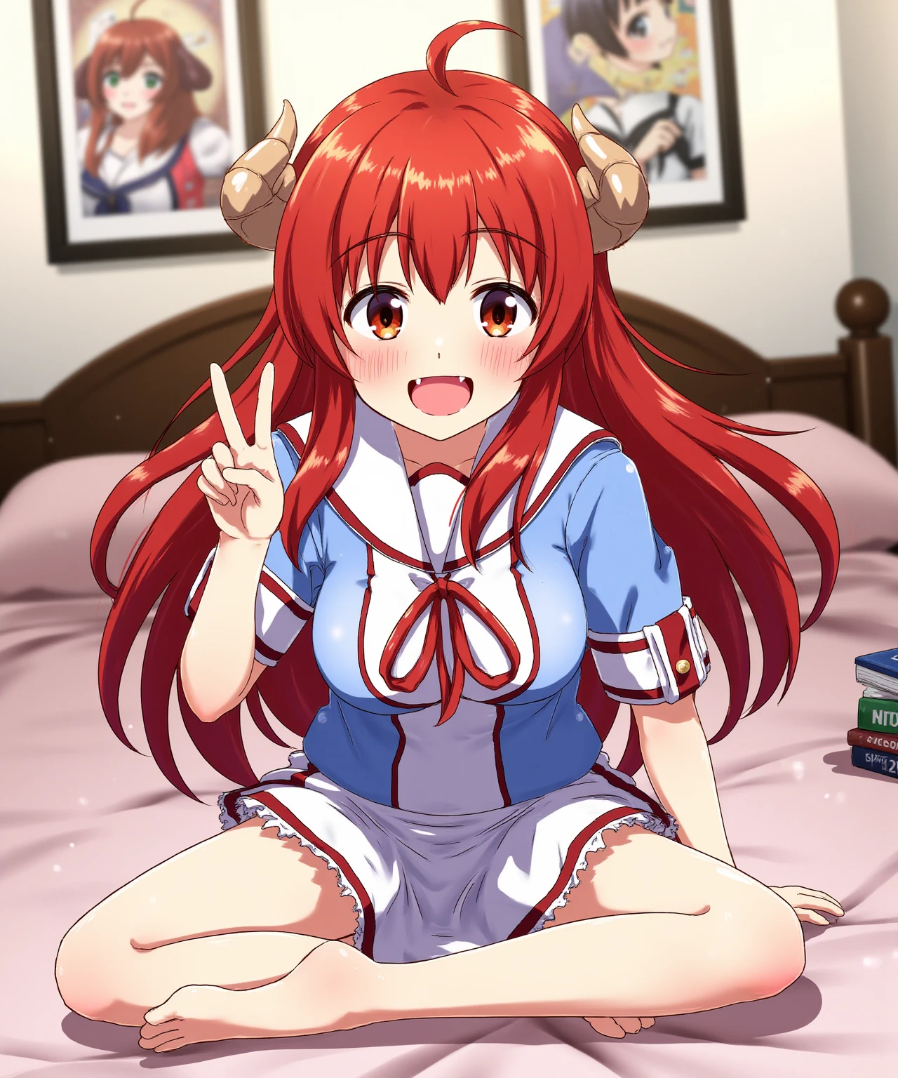 A beautiful anime-style illustration of Yoshida Yuko, a cheerful schoolgirl with long, flowing red hair and vibrant red eyes. She has distinctive small sheep-like demon horns on her head. Yoshida Yuko is wearing a blue and white sailor school uniform with a red bow. Her expression is mischievous and excited, with a wide grin showing her teeth. She's sitting cross-legged on her bed, leaning forward slightly with one hand raised, making a peace sign. The shot is framed from the upper body, straight on, focusing on her face and torso. The background shows her cozy bedroom, with anime posters on the walls and a stack of manga books on her bedside table.