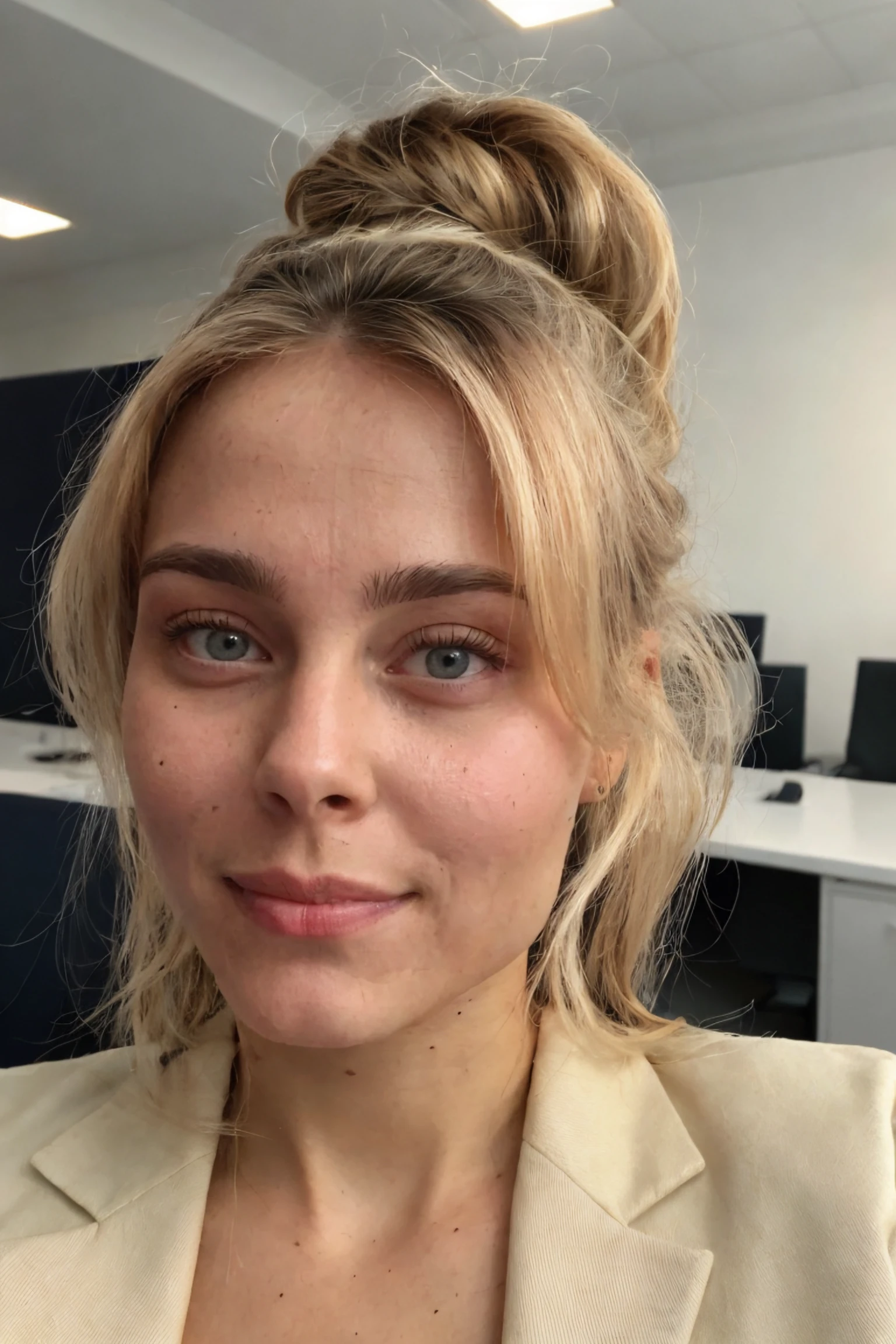 white northerner with platinum blonde hair, platinum subtle natural eyebrows and blue eyes. office style photo. No make up, selfie in the room. super realistic and detailed