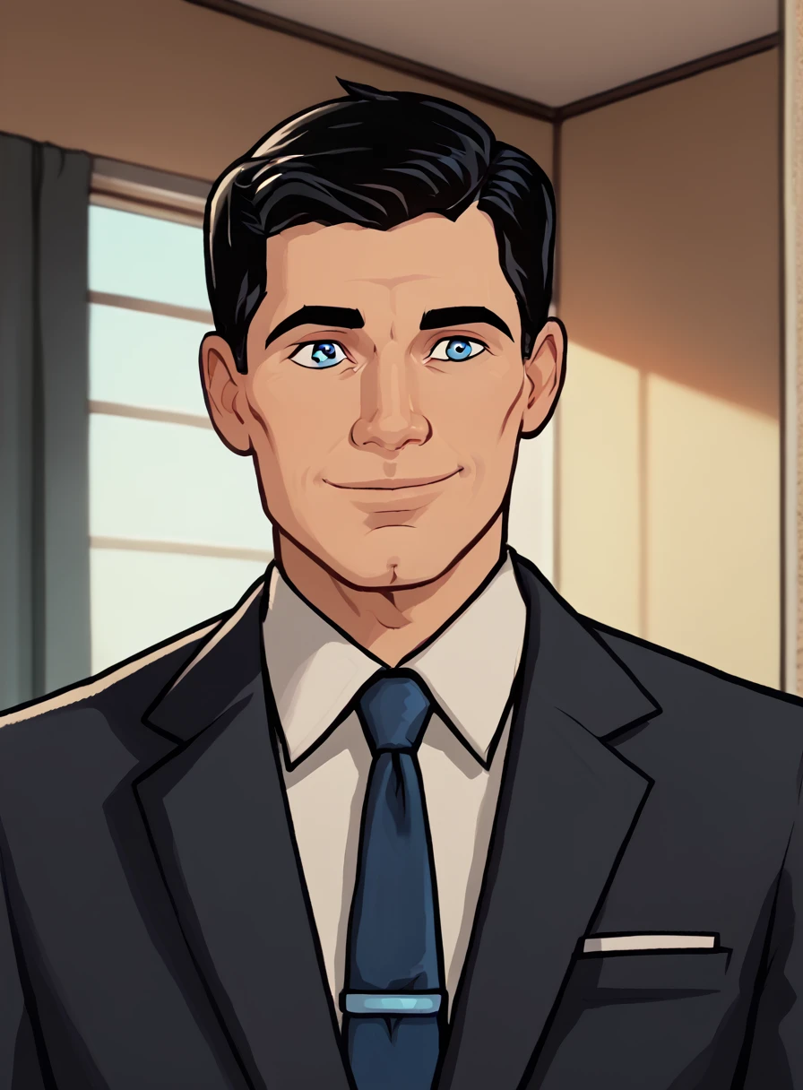 Sterling Archer, 1boy, necktie, male focus, solo, suit, blue necktie, black hair, indoors, upper body, short hair,smile, collared shirt, blue eyes <lora:SterlingArcherPony1.0:0.65>  , score_9, score_8_up, score_7_up, score_6_up, score_5_up, score_4_up