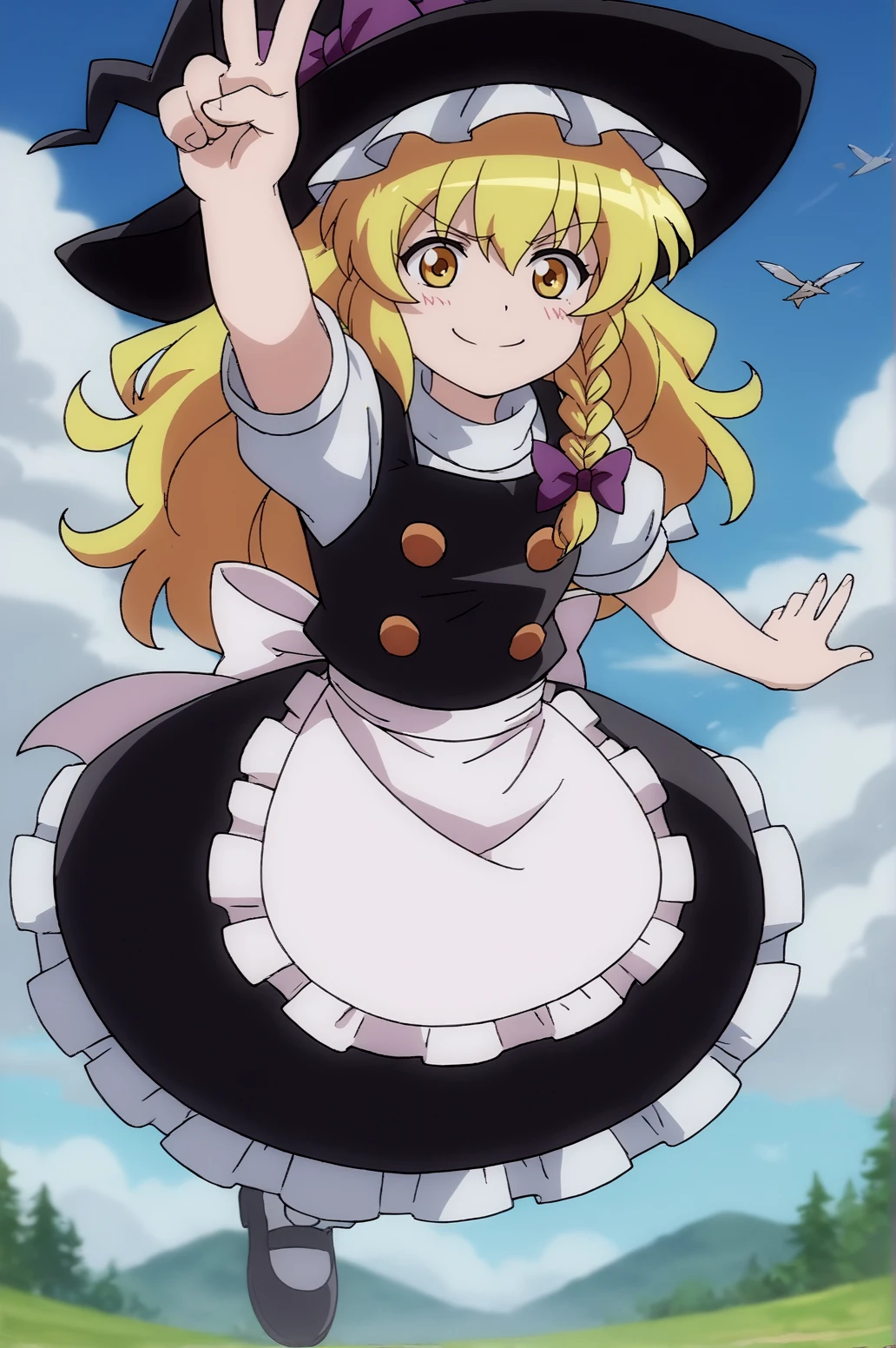 score_9, score_8_up, score_7_up,anime_source, source_anime, best background, detailed background, anime screencap,  Marisa, apron, light smile, seductive smile, blush, bow, hat, hat bow, solo, waist apron, witch hat, flying, v fingers, victory fingers, dynamic pose, :p, cloud, sky, on air, fly, <lora:Kirisame_Marisa:0.8>