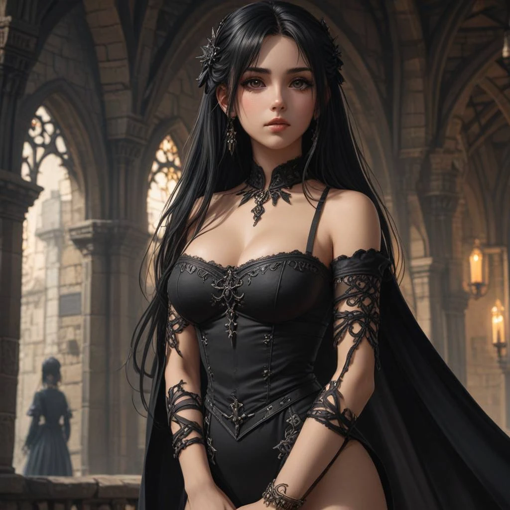 medieval style, girl, anime, beautiful, largue breasts, black hair, full body, long hair, sfw, castle, dress, perfect fingers, perfect girl, emo, darks, aesthetic