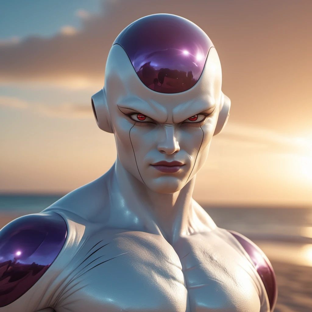 cinematic photo closeup face portrait realistic muscular 1boy, red eyes, colored skin, detailed eyes, detailed skin, beach, sunset<lora:Freezer1024:0.8> . 35mm photograph, film, bokeh, professional, 4k, highly detailed