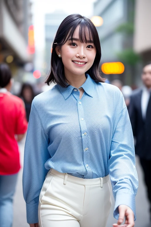 1girl, (masterpiece, RAW photo, best quality:1.4), (realistic, photo-realistic:1.4), extremely detailed, 8k wallpaper, ultra-detailed, highres, soft light, beautiful girl, young Japanese idol, brown eyes, (shy-smile:1.3), (medium hair:1.2), (White Button-Up, Relaxed Trousers:1.4), (walking in a bustling city street:1.4), relaxed aura, gravure photo, detailed eyes and face, perfect anatomy, shiny skin, detailed skin, (blurry background:1.2), professional lighting, shallow depth of field, vibrant colors, glossy finish, pastel colors, high fashion, editorial style, cinematic lighting, artistic composition,  <lora:suzukiminori_lora_01:0.9>