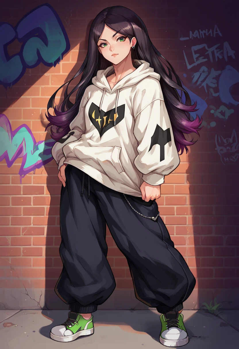 score_9, score_8_up, source_anime, 1girl, solo, Claudia, black hair, gradient hair, long hair, green eyes, earrings, urban and street style, graffiti-inspired colors, cool and edgy attire, baggy pants, oversized hoodie, stylish sneakers, fashionable accessories, hip hop jewelry, confident expression, graffiti walls, energetic and vibrant atmosphere, <lora:ChamClaudiaPonyXL:1>