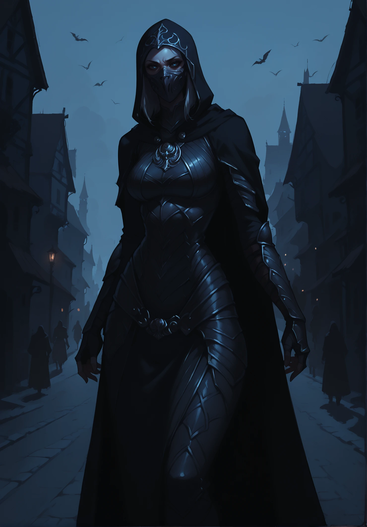 score_9, score_8_up, score_7_up, score_6_up, dark theme, low light,lowlight, moonlight, 1girl,n1ghtinga1e,armor, dynamic pose,hood, curvy body, mask,  <lora:n1ghtinga1e_armor:0.9>,  medieval city street, outdoors,  <lora:NAI3 Smooth Boys Low Light Style LoRA_Pony XL v6:0.8> <lora:NoctFlatStyleV4:0.5>