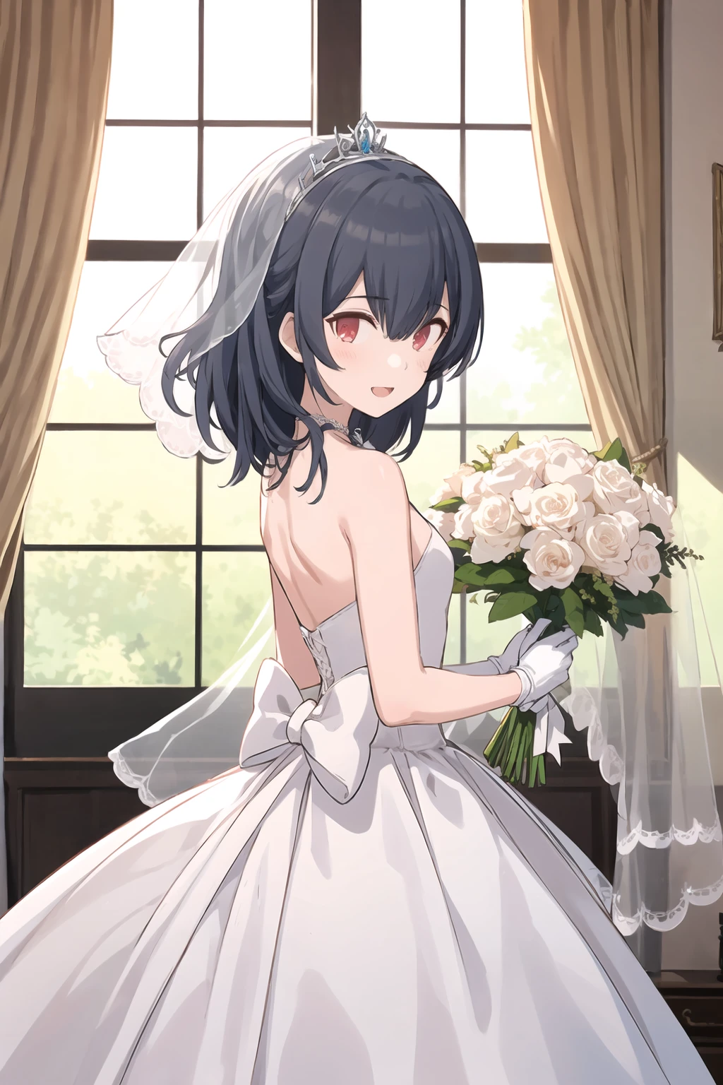 r_morinoFCW, straight hair, 1girl, solo, red eyes, medium hair, black hair, blue hair, bangs, hair between eyes, (flat chest:1.2), back bow,blurry,blurry background,blush,bouquet,bow,curtains,day,dress,flower,frilled dress,frills,gloves,holding,holding bouquet,indoors,jewelry,looking at viewer,necklace,open mouth,rose,smile,solo,tiara,veil,wedding dress,white dress,white gloves,window
 <lora:r_morino:1>