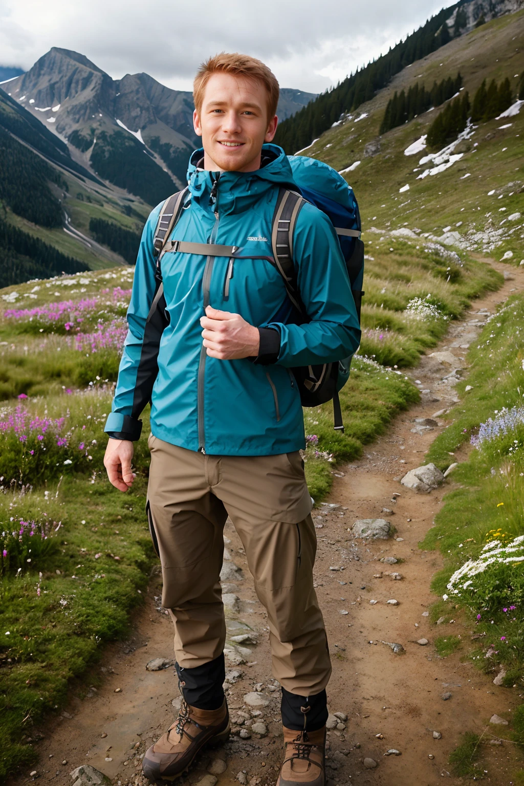 on a mountainside trail, alpine pasture with flowers, (hiking trail), (walking on the trail), ginger hair, RickMcCoy wearing waterproof jacket, hiking pants, hiking boots, wearing a hiking backpack, slight smile,  (((full body portrait ))), wide angle  <lora:RickMcCoy:0.8>