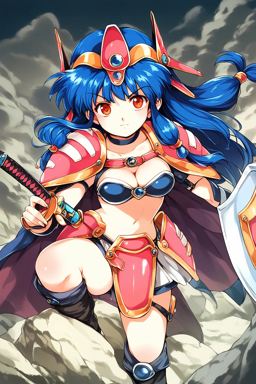 score_9, score_8_up, score_7_up, source_anime, rating_explicit, BREAK <lora:Chris_XL:1> Chris, long hair, dark blue hair, orange eyes, medium breasts,ãside-locks
1girl, solo, shield, sword, weapon, armor, bikini armor, red eyes, cape, boots, cleavage,
rocky place,
