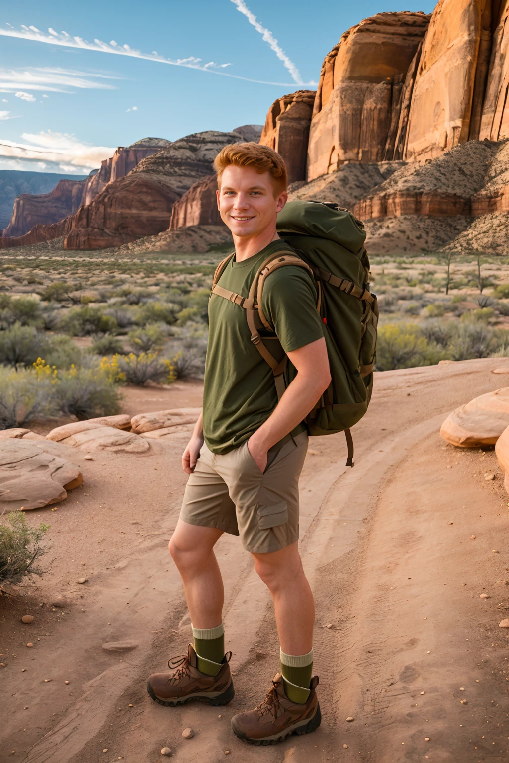 scenic red rock canyon in Utah, arid flora, evening shadows, smiling, ginger hair, MaxLorde, wearing shirt, hiking shorts, olive green socks, brown hiking boots, wearing hiking backpack, (((full body portrait))), wide angle, (male focus)  <lora:MaxLorde:0.8>