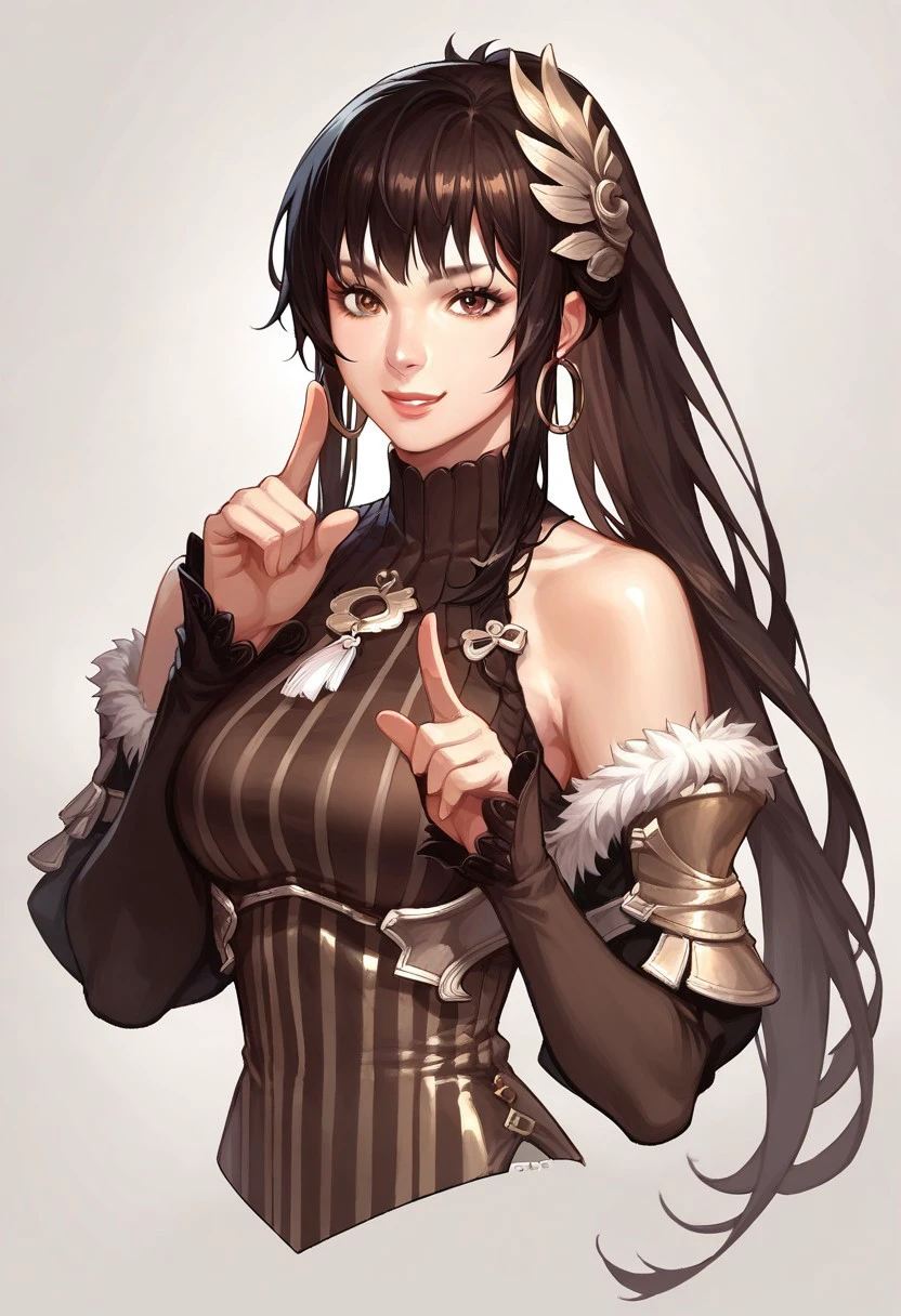 score_9,score_8_up,score_7_up, Expressiveh,  source anime,        evy_(mabinogi), evy_outfits_1,  1girl, solo, long hair, brown hair, black hair, ponytail, lips, brown eyes , pantyhose, jewelry, earrings, hoop earrings, high heels, dress, armor, bare shoulders, detached sleeves, close up,  upper body, pointing finger, point at viewer, smirk,