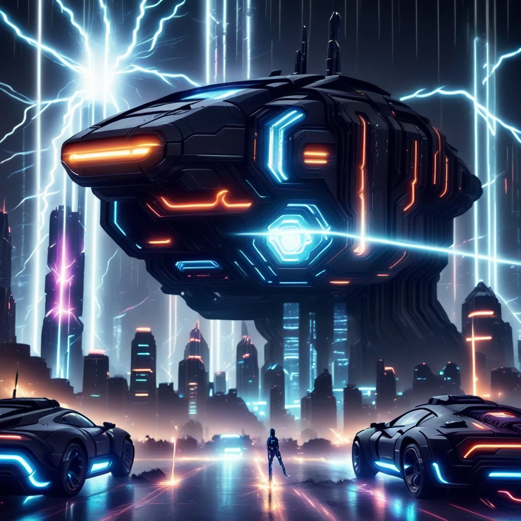 hologram, cityscape, skyscraper, starry sky, sparks, lightning, vehicle focus, beam, tree, rain, mecha, night sky, night