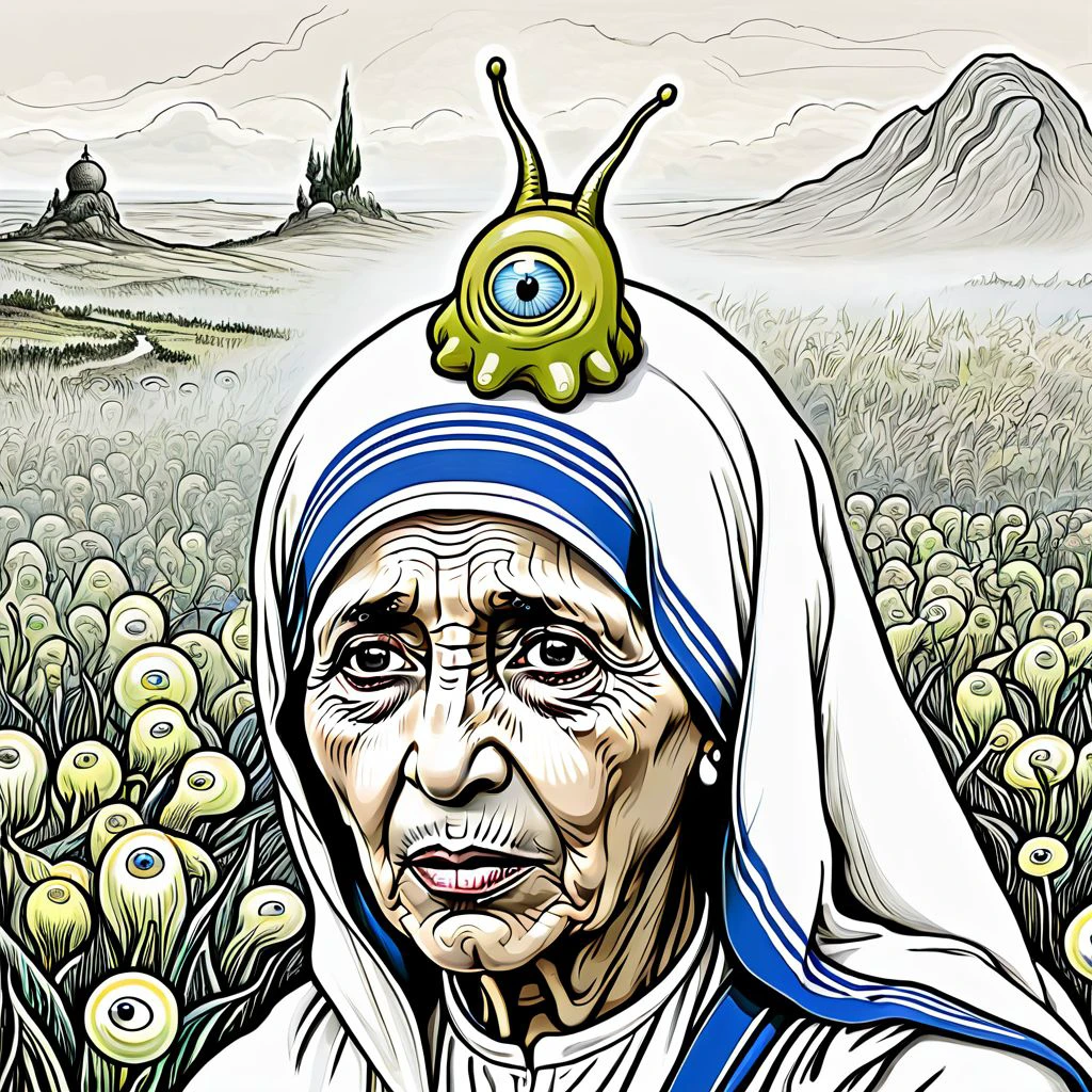 Doodle Art Style, , Mother Teresa   ,  dumbfounded,
person wearing  (brainslug alien hat:1.2) on head, candid pose,   (cross-eyed:1.5), round iris, frowning face, perfect eyes,
Eerie, fog-laden moor , 
 <lora:BrainSlug_Alien_Hat_XL_V2.2:0.85>, drawing, freeform, swirling patterns, doodle art style