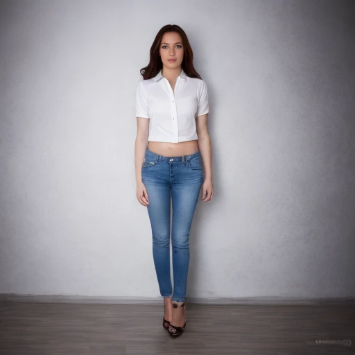 full body portrait, beautiful woman, beautiful face, blue jeans, white shirt, full body shot,  playful, narrow hips,  <lora:Narrow_Hips_SD1.5v2:0.8>