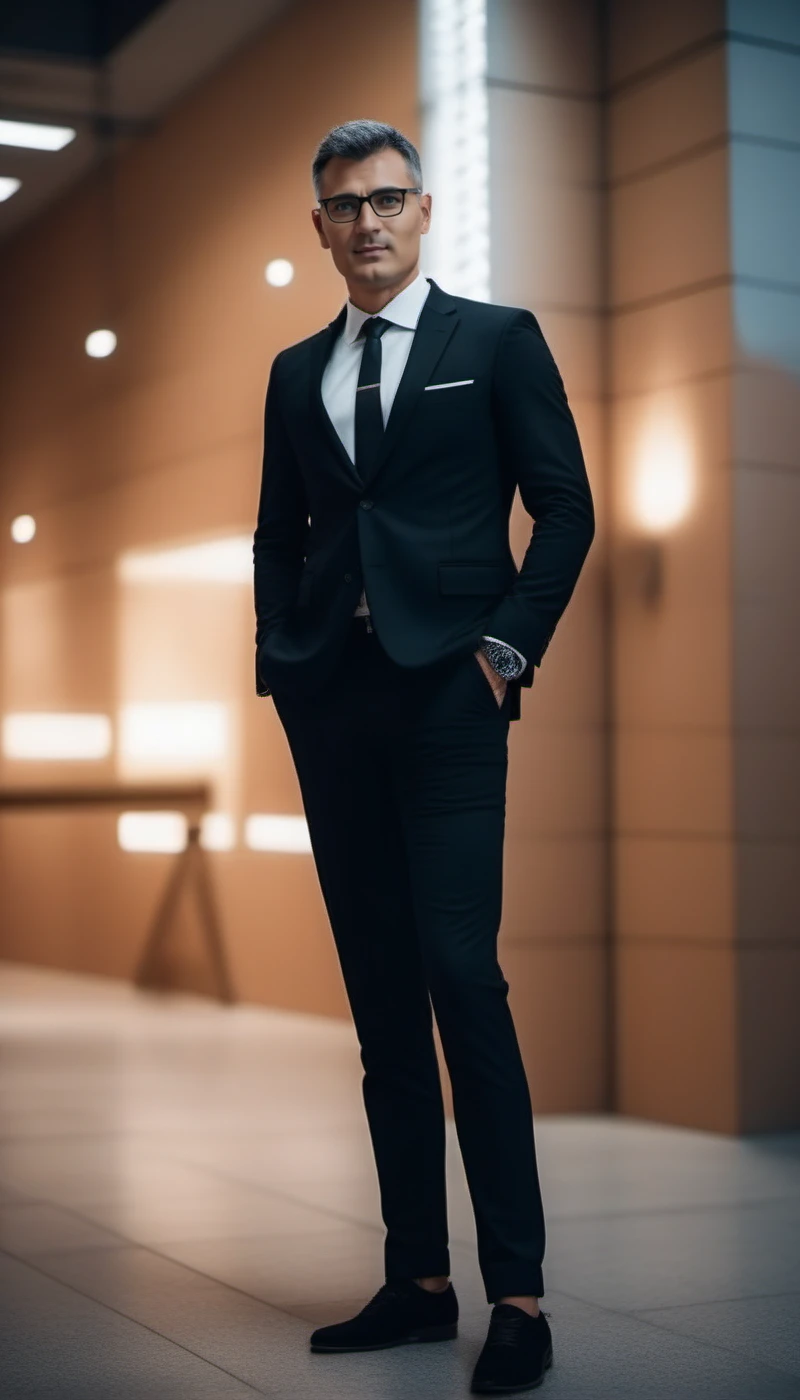 cinematic photo cinematic photo a full body portrait of man, glasses,  detailed eyes, detailed skin, black suit and tie, hands in pants pockets<lora:YusufDikec1024:0.8> . 35mm photograph, film, bokeh, professional, 4k, highly detailed . 35mm photograph, film, bokeh, professional, 4k, highly detailed