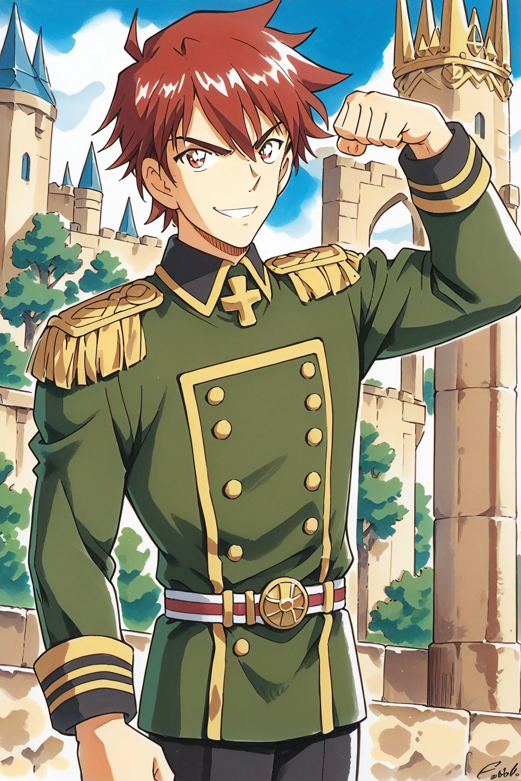 (score_9, score_8_up:1.1), score_7_up,halbert magna, 1boy, red hair, solo, red eyes, green military uniform, smirk, looking at viewer, black pants, toned body, flexing, castle gates, outdoors, cowboy shot, traditional media, conanstyle, retro artstyle, 1990s (style)