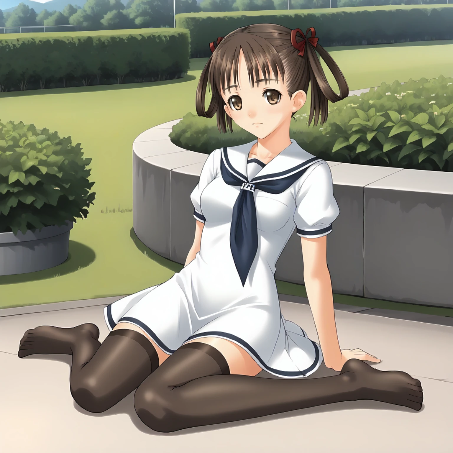 <lora:SnIMnI_NatsumeSorayamaXLpony003>,
solo,
NatsumeSorayama,1girl,brown hair,hairrings,hair ribbon,twintails,brown eyes,medium breasts,
white sailor color,white dress,short_sleeves,
black_thighhighs,
outdoors,
full body,sitting,