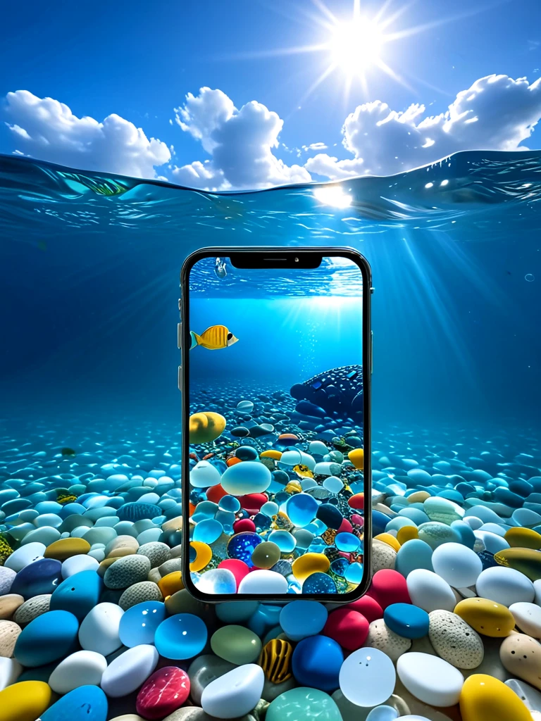 underwater illumination, deep water, ocean, sea, multicolored glass pebbles, transparent, glowing, reflection, sky, sun, soaked phone, wet, bubble, floating, <lora:glasspebblesunderwater_sdxl:0.8>