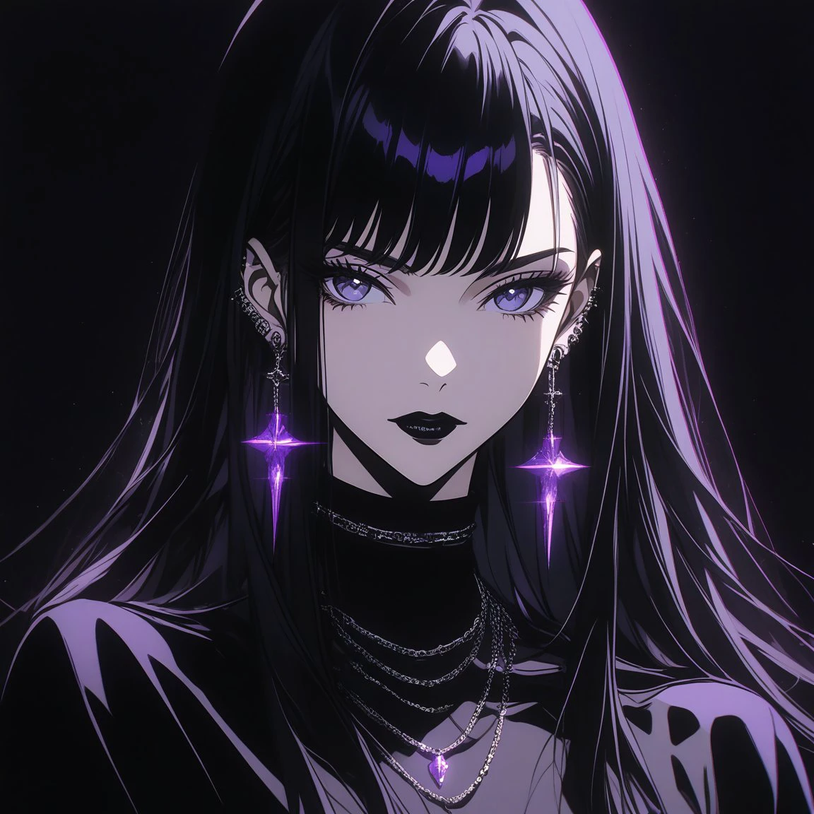 anime girl, best qulity, black hair, long hair, straight hair, purple eys,  black lipstick, necklace, earrings,  black outfit, dark background,  <lora:gothic_girl:0.9>, <lora:GLSHS:0.8> GLSHS, partially illuminated