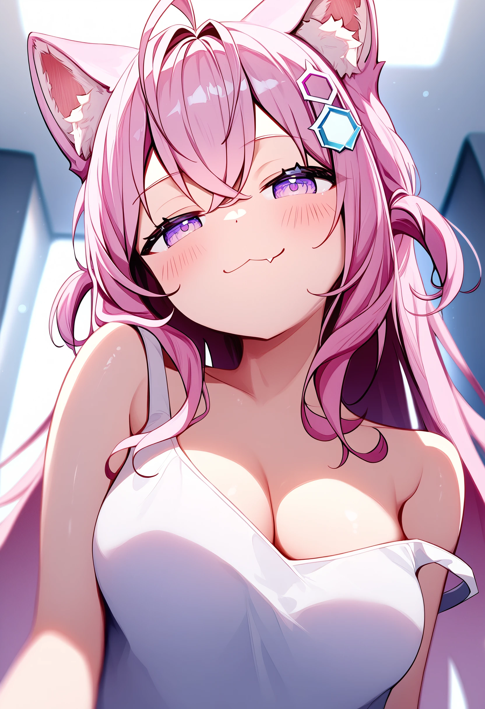 hakui koyori, 1girl, virtual youtuber, solo, animal ears, pink hair, long hair, fang, cleavage, dog ears, looking at viewer, smile, blush, :3, fang out, closed mouth, smug, upper body, animal ear fluff, ahoge, hair intakes, tank top, hexagon hair ornament, half-closed eyes, breasts, strap slip, purple eyes, bare shoulders, antenna hair, dog girl, hair between eyes, indoors, looking down, pov, from below, leaning back, head tilt,
absurdres, score_9, score_8_up, score_7_up, score_6_up, best quality, masterpiece, very aesthetic <lora:dog_girl_concepts_v1.2:1>