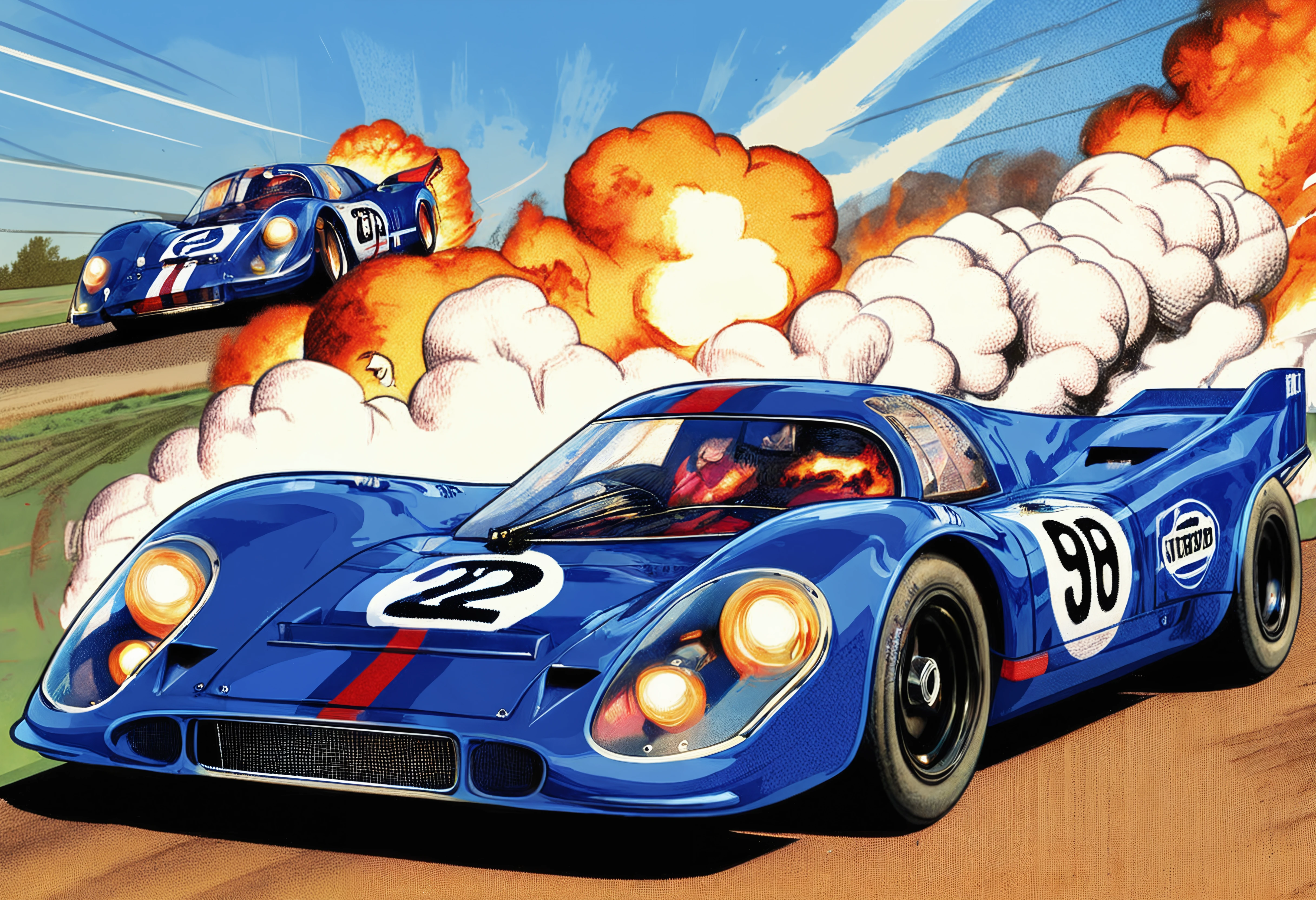 a bendaydots, retro comic, retro, pop art of a distant small far away Cobalt Blue porsche 917lh, p0rsche9l7xl, Escaping a burning skyscraper: Overcoming flames, smoke, and height to reach safety.  , front 3/4 view , high view , dark, low-key,   low color saturation, concept art, perfect composition, masterpiece, professional photography, zeiss lens, shot on dslr 64 megapixels, sharp focus, intricately detailed, dramatic, tilt shift, f/32,