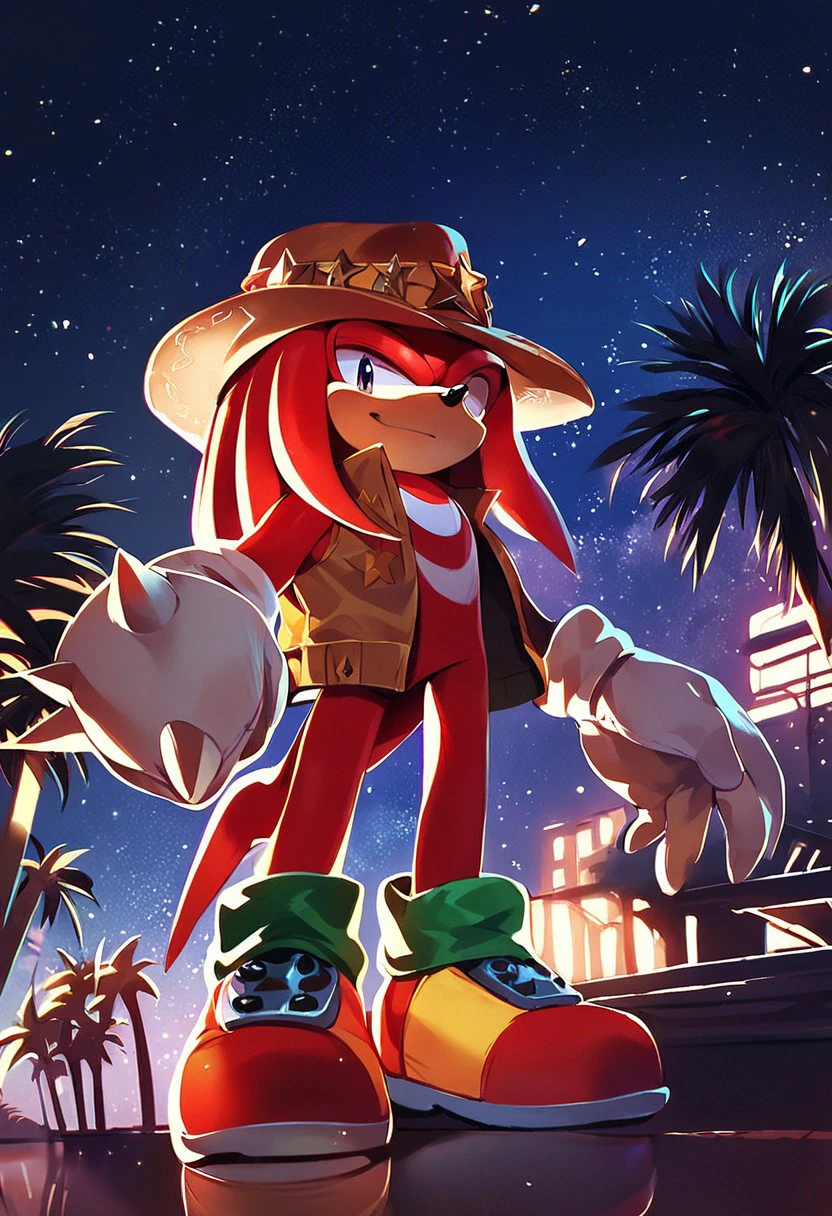 score_9, score_8_up, score_7_up, score_6_up, solo, male,  knuckles the echidna, gloves, shoes, cowboy hat, palm trees, open vest, starry sky, night, rim light, ambient light