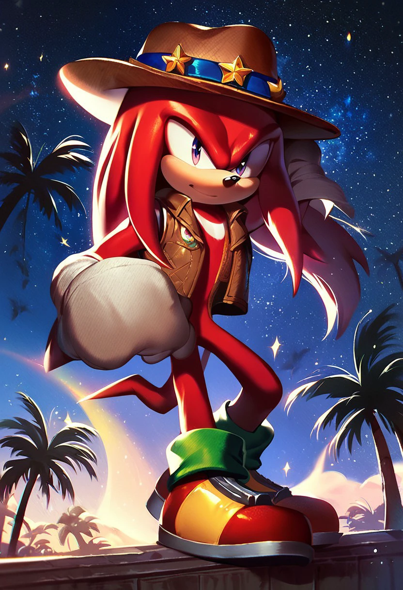 score_9, score_8_up, score_7_up, score_6_up, solo, male,  knuckles the echidna, gloves, shoes, cowboy hat, palm trees, open vest, starry sky, night, rim light, ambient light