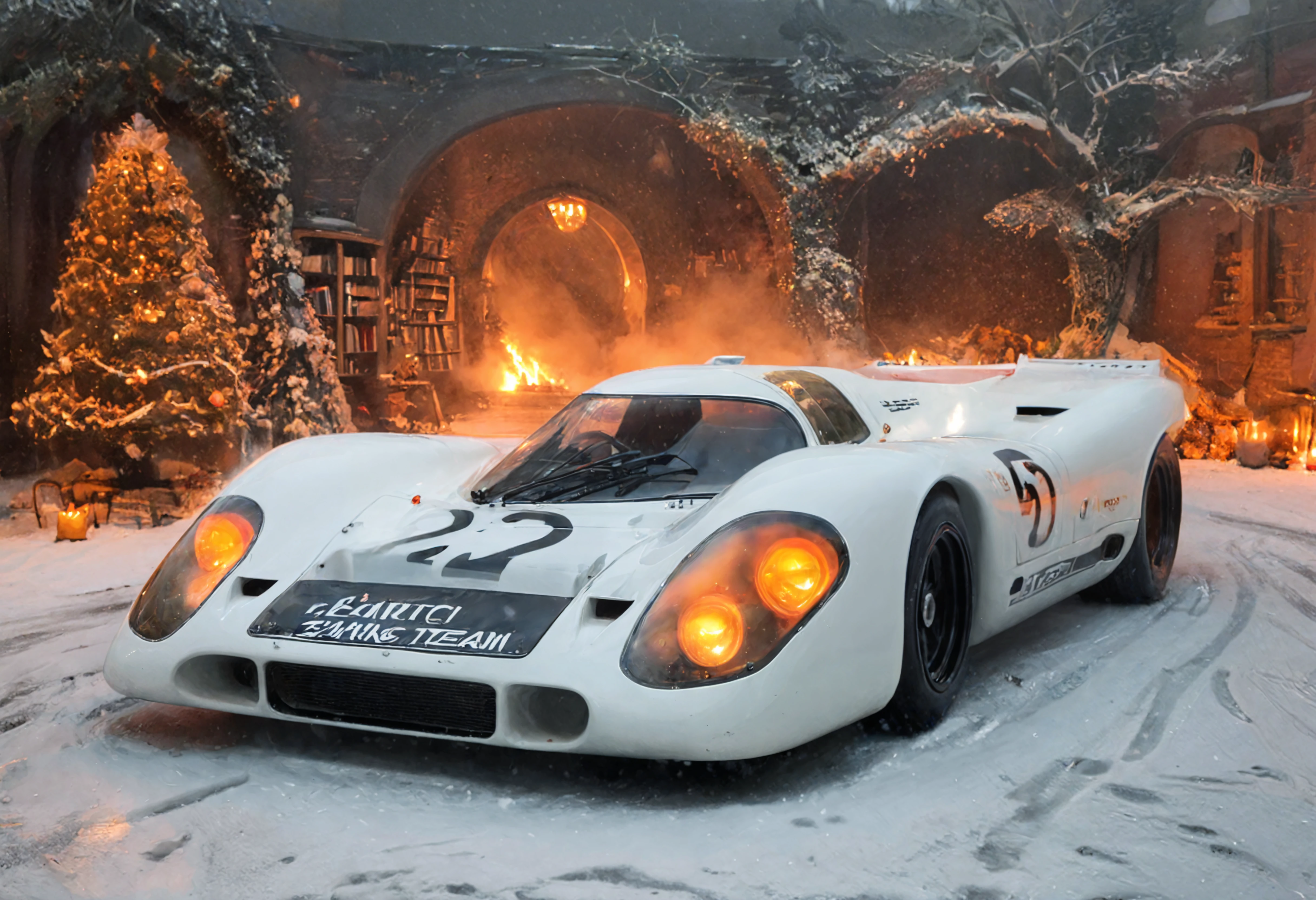 a photograph of a sports car, p0rsche9l7xl,     Snowfall: Blanketing landscapes in serene and pure white, offering a sense of tranquility., Apricot Orange,  front view , A quiet, candlelit library filled with old books., dark, low-key,   low color saturation, concept art, perfect composition, masterpiece, professional photography, zeiss lens, shot on dslr 64 megapixels, sharp focus, intricately detailed, dramatic, tilt shift, f/32,