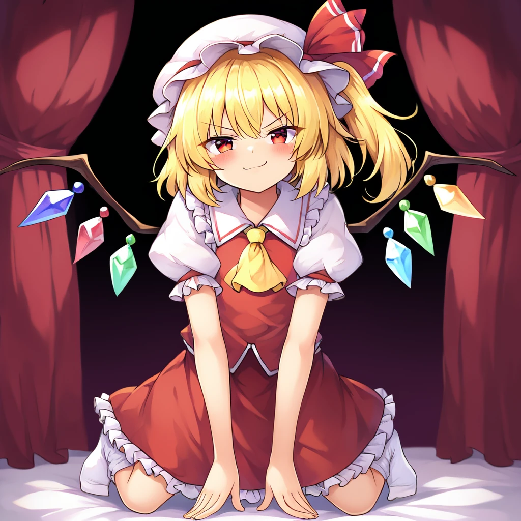 1girl, dark room, bedroom, close-up, full body, flandre scarlet (red eyes, blonde hair, side ponytail, hair bow, white headwear, mob cap, white puffy sleeves, white sleeves, short sleeves, red vest, yellow ascot, white socks, folded socks, red skirt, frilled skirt, white bloomers, no shoes, flat chest, v-shaped eyebrows) smug, seiza, kneeling, hands on own knees, <lora:ieknnig_epoch_1:1> <lora:Test:1>