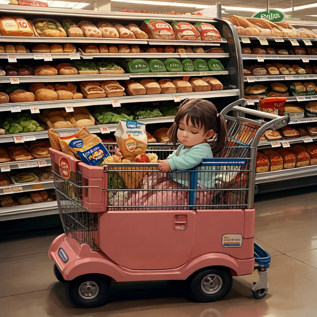 score_9, score_8_up, score_7_up, score_6_up, score_5_up, score_4_up,  sourced_anime,  day, old, grocery_store_car_cart, no humans, artist name, baby, holding, bear, sitting, pink skirt, twintails, sleeping