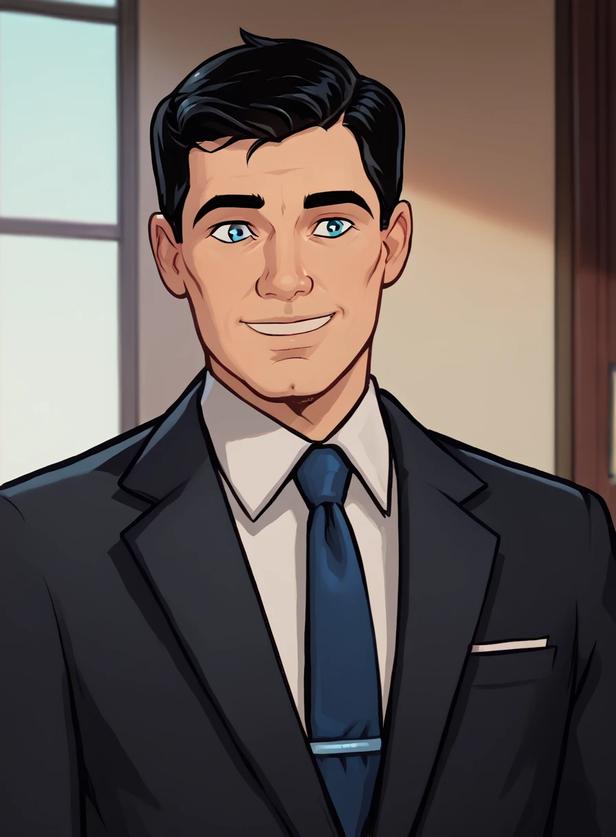 Sterling Archer, 1boy, necktie, male focus, solo, suit, blue necktie, black hair, indoors, upper body, short hair,smile, collared shirt, blue eyes <lora:SterlingArcherPony1.0:0.65>  , score_9, score_8_up, score_7_up, score_6_up, score_5_up, score_4_up