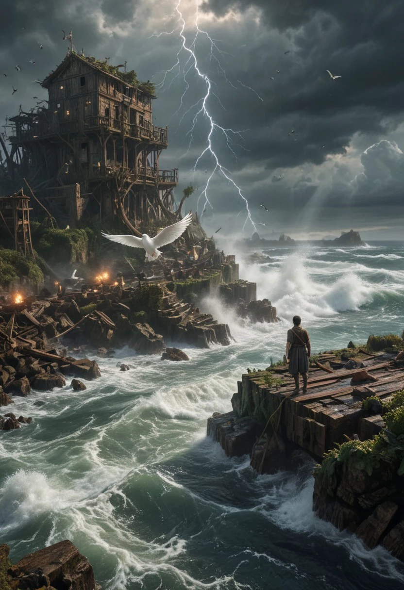 1. Epic Landscape:
Raging Sea: Huge waves crash into coastal cliffs, submerging forests and cities. The sky is dark and gray with flashes of lightning. In the distance you can see sinking ships and people struggling to survive.
Sunken Cities: An underwater city, once bustling and colorful, is now in ruins. Fish swim among the remains of buildings, and algae covers statues and columns. The sun's rays flash across the water, casting ghostly shadows.
Noah's Ark: A huge wooden ark floats in the endless sea, the only oasis in the watery wasteland. The waves crash against his sides, but he remains steadfast, a symbol of hope for a new beginning.
A family fighting for survival: A group of people hold hands, struggling to hold on to a piece of wood amid raging waters. Their faces are contorted with fear and despair, but there is also a determination to survive in their eyes.
Man Looking Out at Destruction: A lone man stands on a hill overlooking a devastated landscape. His town is under water and his family and friends are gone. In his eyes you can see sorrow and hopelessness, but also the will to live.
Dove Dropping an Olive Branch: A white dove flies over the water carrying an olive branch in its beak. It is a symbol of hope for peace and a new beginning after the devastation of the flood.
Water Consuming Everything: A wave crashes over land, engulfing everything in its path. It can symbolize the power of nature, the inevitability of change, or the destructive power of humanity.