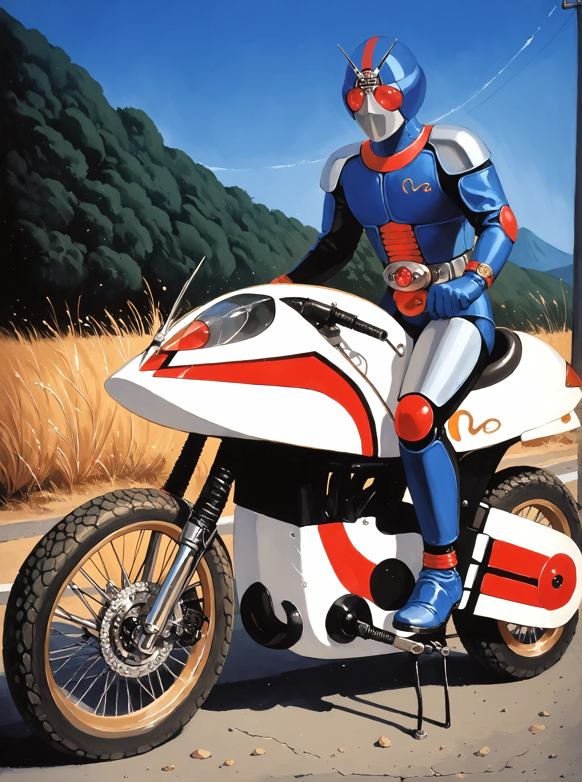 score_9, score_8_up, score_7_up, masterpiece, source_realistic,kamen rider, 1boy, male focus, solo, belt, motorcycle, ground vehicle, motor vehicle, road, outdoor,<lora:sn0wStyle:1> <lora:HKHorrorXL:1>,   <lora:Biorider_Kamen_rider_black_RX_1988:1>